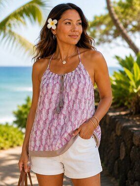 Tommy Bahama Pineapple Print Halter Tank Top Camisole with Tassel Ties size Med